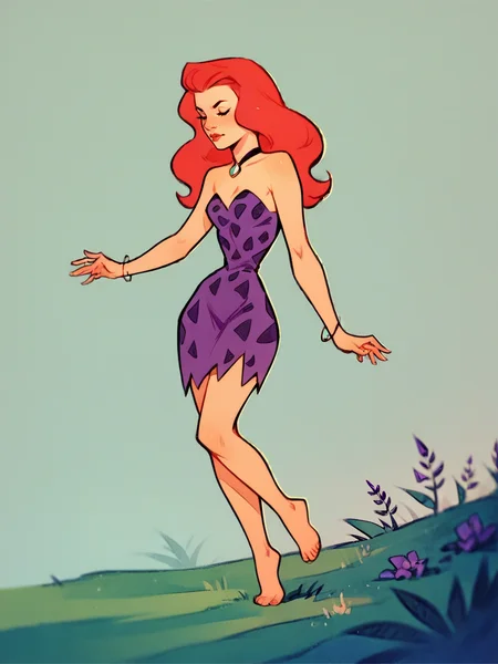 score_9, score_8_up, score_7_up, score_6_up, score_5_up, <lora:AnnMargrockXLP2:1> ann margrock, 1girl, red hair, long hair, solo, barefoot, purple dress