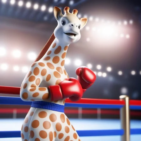 professional 3d model an muscular anthropomorphic giraffe animal wears red boxing gloves, blue short, on a boxing ring <lora:Sophie1024:0.8> . octane render, highly detailed, volumetric, dramatic lighting