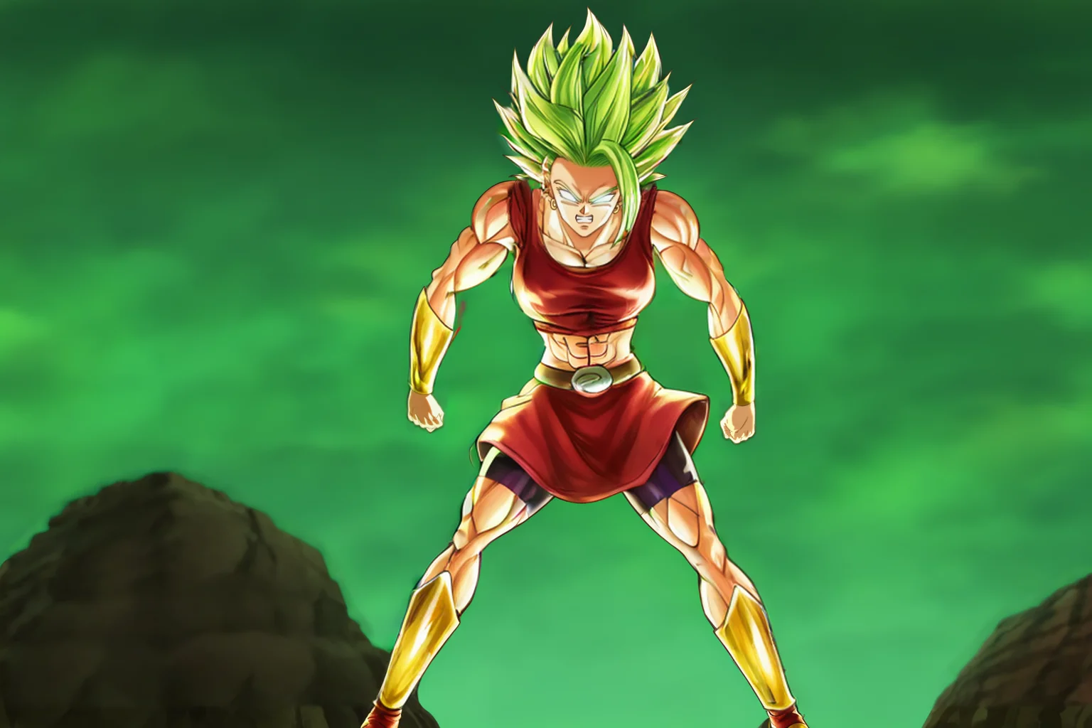 source_anime, score_9, score_8_up, score_7_up, anime screencap,8k, absurdres, kale\(berserk\), 1girl, solo, breasts, red skirt, jewelry, earrings, boots, green hair, teeth, midriff, red crop top, muscular, abs, spiked hair, bike shorts, muscular female, gold bracers, bracer, aura, super saiyan, clenched hands, gold boots, bike shorts under skirt, (skinny), no pupils,
<lora:kale_pony_v3:0.8>