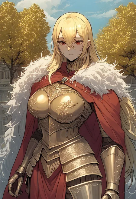 score_9, score_8_up, score_7_up, source_6_up, source_anime, source_real, cowboy shot, eldringpxl, elden ring, mlkgv, blonde hair, long hair, red eyes, large breasts, hair between eyes, fur-trimmed cape, red cape, golden order, knight, armor, full armor, gold armor, standing, outside, city, white marble buildings, gold inlay, Tree Sentinel, Thomas Kinkade, holding rapier, rapier,