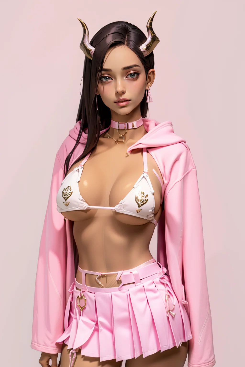 masterpiece, best quality, high quality,  <lora:detail_slider_v4:2> <lora:age_slider_v2:3>  <lora:techk1ttypink:0.9> techk1tty, bikini, white bikini, pink and white theme, plastic, lingerie, tech wear, choker, bra, garterbelt, belt, collar, pink bikini, jacket, horns, pink jacket, crop hoodie, hoodie, cropped jacket, pink hoodie, white horns, half skirt, pleated half skirt,