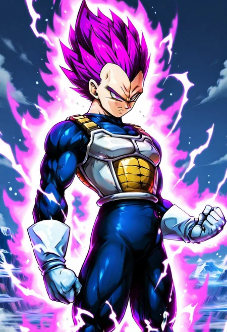 masterpiece, best quality, dbzhyp3ABL, solo, 1boy, pink hair, purple hair, spiked hair, white gloves, armor, saiyan armor, muscular, clenched hand, serious, aura, vegeta, male focus  a Vegeta stands poised for battle, his muscular form outlined by the sleek Saiyan armor that clings to his body. His spiked pink and purple hair crackles with energy, reflecting the intensity of his transformation. His serious expression speaks of determination and focus, as his clenched hand crackles with the immense power of his aura. The white gloves, adorned with battle-worn marks, only add to his intimidating appearance, accentuating the aura of a warrior at the peak of his strength. The air around him hums with electric energy, signaling the immense power heas preparing to unleash. Vegetaas stance exudes confidence, as if heas already anticipating victory in the next clash.,   <lora:DragonballHype_NAI:1.0>,