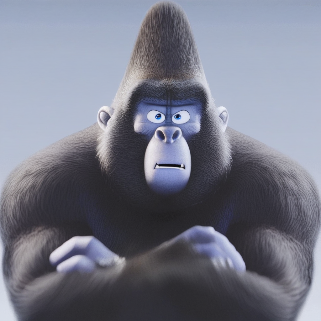"Fatherly gangster gorilla, standing proudly with arms crossed, animated movie aesthetic, clean 3D render, character from Sing", big daddy, gorilla, furry male, male, colored skin, fangs, blue eyes, anthro, muscular, wide shoulders,