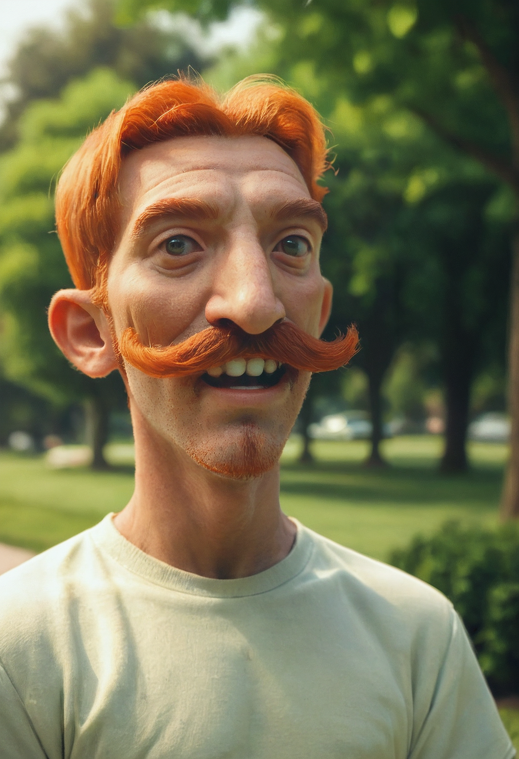 score_9, score_8_up, score_7_up, portrait, zy_nigel, solo, 1boy, teeth, facial hair, shirt, mustache, what, orange hair, open mouth, park , depth of field, highly detailed, high contrast, film grain, Rim Lighting , <lora:zy_Nigel_Thornberry_PonyRealism_v1:0.7>