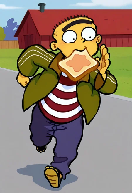 official art, masterpiece, best quality, absurdres,, 1boy, male focus, solo, edboi, mnbrow, green jacket, red and white striped shirt, unibrow, full body, running, outdoors, toast in mouth
