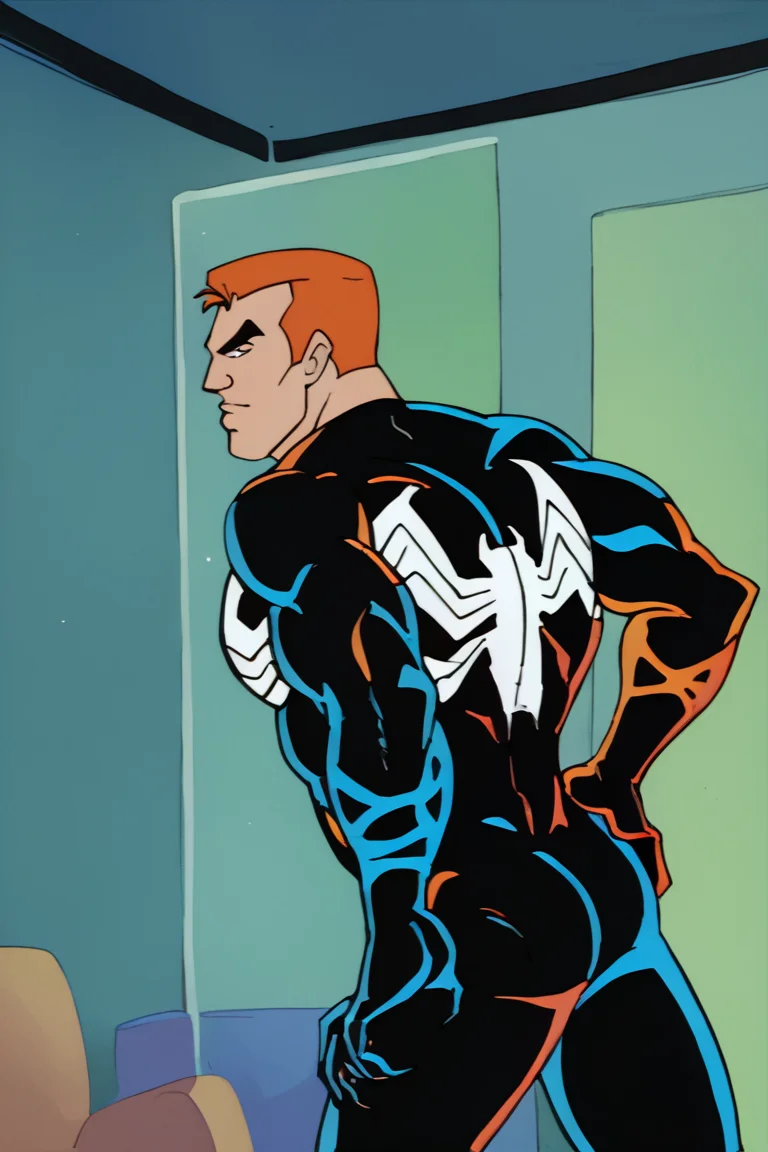 score_9, score_8_up, score_7_up, flat color, eddiebrock, venom, 1boy, solo, male focus, mature male, short hair, orange hair, brown eyes, thick eyebrows, muscular male, symbiote, spider print, bodysuit, black bodysuit, hands on own hip, looking back, standing, cowboy shot, from behind, rear view, indoors, living room <lora:Venom (Eddie Brock) Spider-Man The Animated Series v1.1 LoRA_Pony XL v6:0.8>