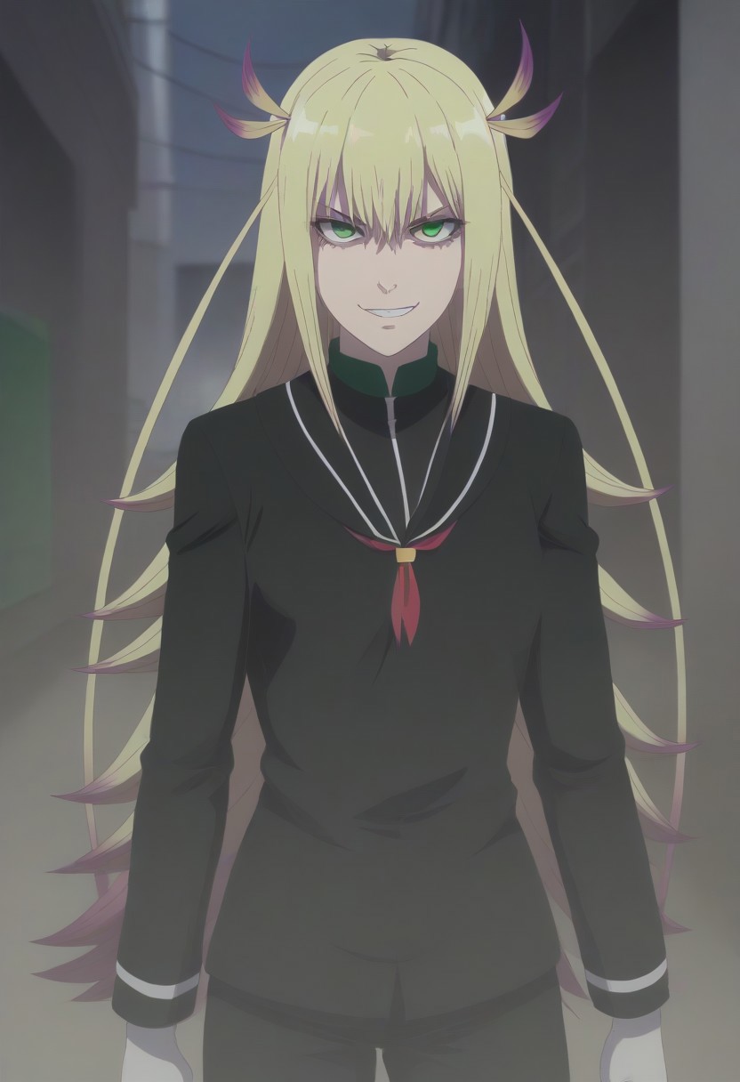 <lora:SlimesKanonIsui:1>, slimes_kanonisui, woman, solo, green eyes, alley background, evil smirk