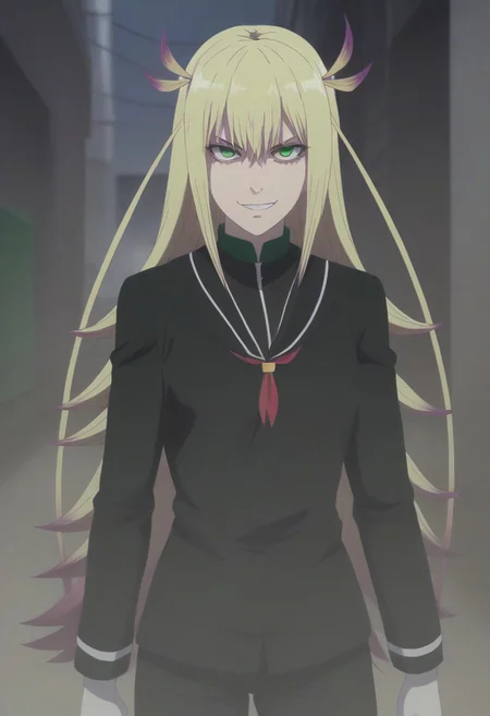 <lora:SlimesKanonIsui:1>, slimes_kanonisui, woman, solo, green eyes, alley background, evil smirk