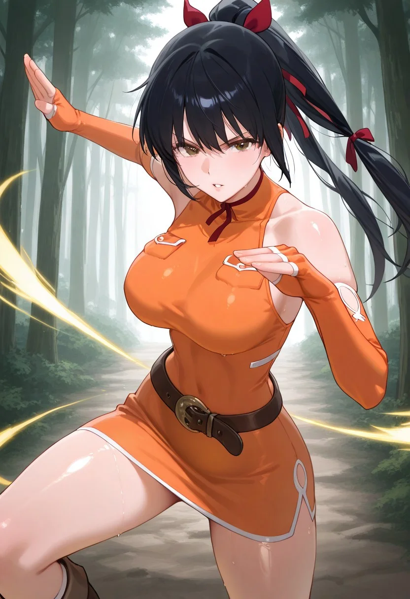 masterpiece,best quality,newest,extremely detailed,highres,incredibly absurdres,absurdres, amazing quality,
shiny skin, lisa_pacifist, black hair, 1girl, solo, ponytail, twintails, long hair, breasts, black hair, brown eyes, parted lips, detached sleeves, bare shoulders,ribbon, belt, hair ribbon, elbow gloves, dress, sleeveless, orange shirt,short skirt, boots, looking at viewer, dark forest, upper body, fighting pose, karate stance, fighting stance, energy flow, serious face,