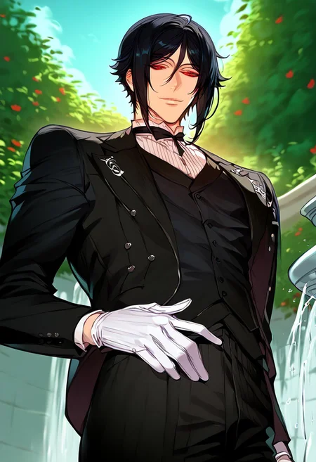 anime artwork, score_9, score_8_up, score_7_up, score_6_up, score_5_up, 1boy, red eyes, garden, fountain, sunny, bliss, fully black hair, black butler outfit, handsome, white gloves, detailed clothing, masterpiece, straight hair, suit, simple cotton gloves, solo, closer to the face,
<lora:Floox_Style:1>, , detailed eyes, close up, crimson eyes, scarlet eyes, camera from below, looking down, Sebastian black butler, black butler, Sebastian michaelis, Kurishitsuji, smile, pale skin, handsome man