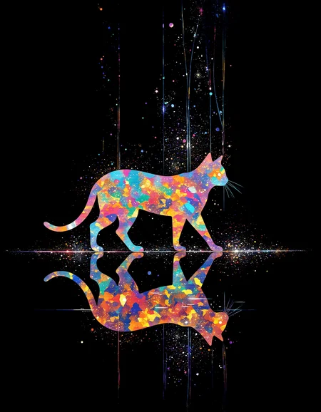 aidmamj6.1, vibrant reflective holographic drawing in the style of ckhg art of Silhouette of a long-legged cat walking surrounded by sparkling light particles
particles cascading down from the cat
cat reflected in a mirror are depicted as upper and lower objects
black background
Fantastic and mysterious illustration like the world in a transparent dream
 <lora:aidmaMJ6.1_v0.5_3:0.4>  <lora:ck-holographic-glitter-000015:0.5>
