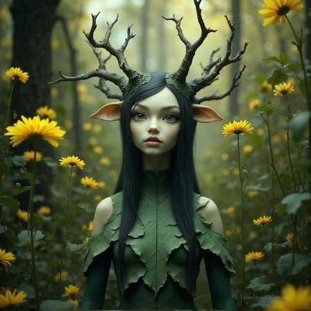 This is a highly detailed photography featuring a fantastical, otherworldly figure set in a mystical forest. The central subject is a humanoid creature with an ethereal, almost ghostly appearance. Its skin is a pale, almost translucent green, and it has large, expressive, almond-shaped eyes that dominate its face, giving it a haunting, yet alluring look. The creature's head is adorned with intricate, curved antlers that resemble branches, adding to its fantastical and surreal nature.
The creature's hair is long and dark, cascading down its back, blending seamlessly with the foliage around it. Its attire is equally fantastical, with a form-fitting, leaf-like dress that mimics the texture and color of the surrounding greenery. The dress has a dark green base with subtle, light green patterns, giving it a natural, organic feel.
The background is a dense forest bathed in a soft, diffused light that creates a serene, almost dreamlike atmosphere. The forest floor is dotted with tall, slender yellow flowers with green stems, adding a touch of brightness to the otherwise muted green tones. The overall composition is rich in detail, blending elements of fantasy and nature in a harmonious, ethereal setting.aidmaMJ6.1