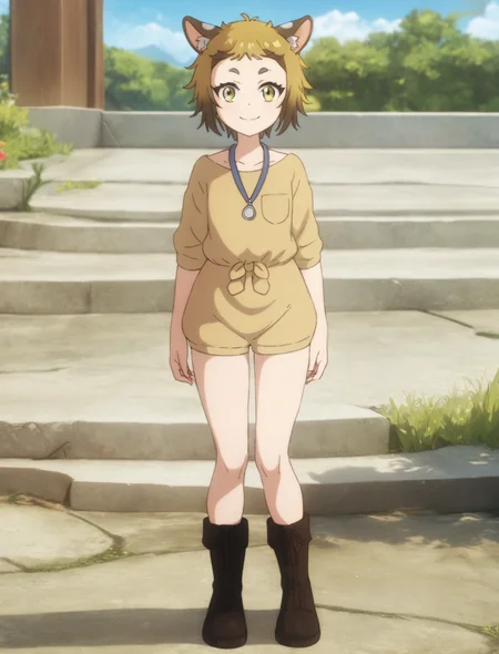 1girl, millie, masterpiece, best quality, very aesthetic, outdoors, grass, blue sky, smile, source_anime, full body, black boots, <lora:millie_the-new-gate-000009:0.7>