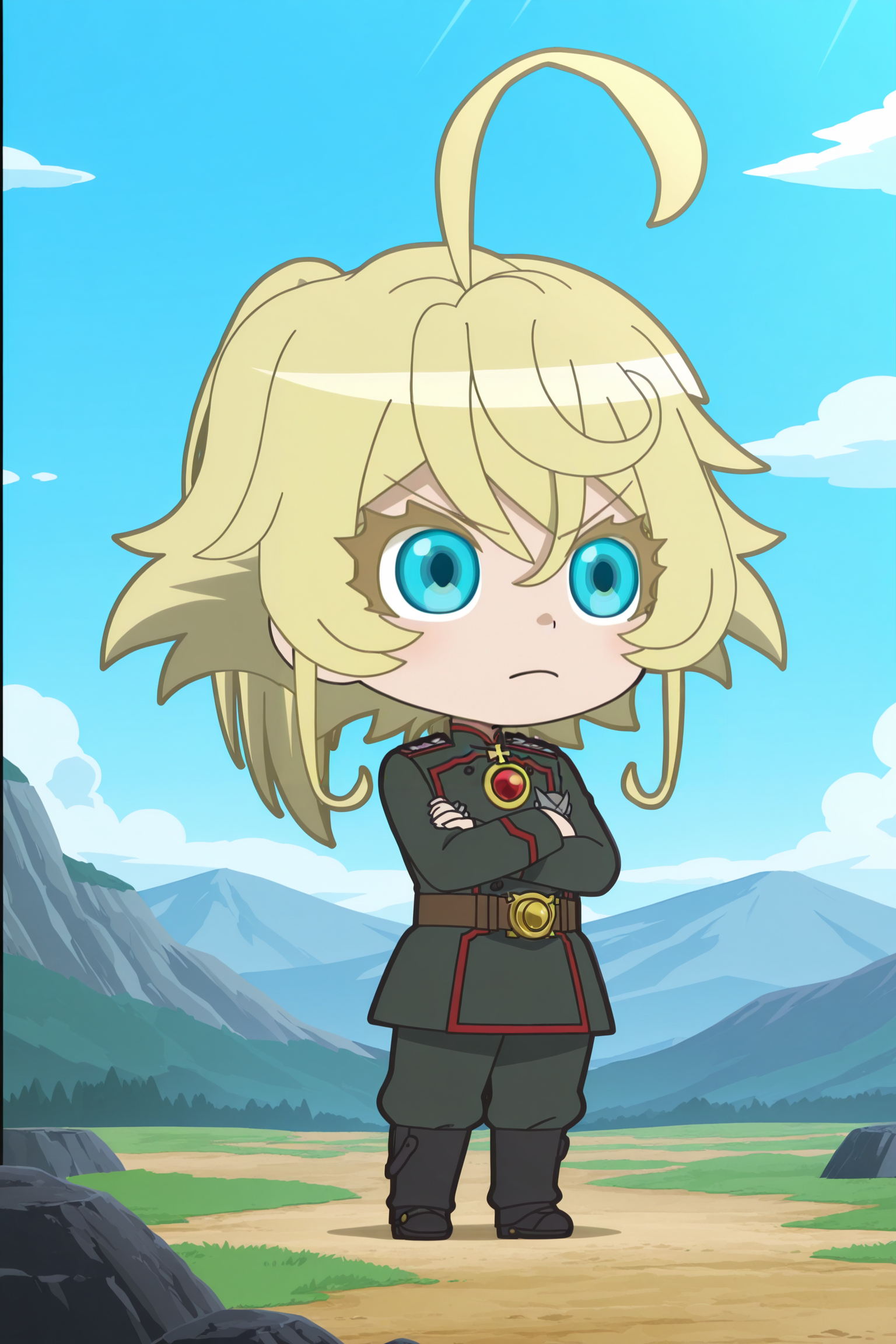 anime screencap, anime coloring, detailed face, masterpiece, best quality, very aesthetic, absurdres, volumetric lighting, official style, amazing quality, ultra detailed, highres, amazing quality, scenery, beautiful detailed hair, beautiful detailed eyes,
<lora:StS-Illustrious-Detail-Slider-v1.0:4>
outside, blue sky,
<lora:Tanya_Degurechaff_Isekai_Quartet:1>
Tanya Degurechaff (character), Isekai Quartet (art style), 1girl, solo, tanya degurechaff, blonde hair, military uniform, uniform, ahoge, blue eyes, military, chibi, crossed arms, belt, parody, solo focus, huge ahoge, closed mouth