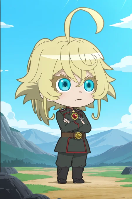 anime screencap, anime coloring, detailed face, masterpiece, best quality, very aesthetic, absurdres, volumetric lighting, official style, amazing quality, ultra detailed, highres, amazing quality, scenery, beautiful detailed hair, beautiful detailed eyes,
<lora:StS-Illustrious-Detail-Slider-v1.0:4>
outside, blue sky,
<lora:Tanya_Degurechaff_Isekai_Quartet:1>
Tanya Degurechaff (character), Isekai Quartet (art style), 1girl, solo, tanya degurechaff, blonde hair, military uniform, uniform, ahoge, blue eyes, military, chibi, crossed arms, belt, parody, solo focus, huge ahoge, closed mouth