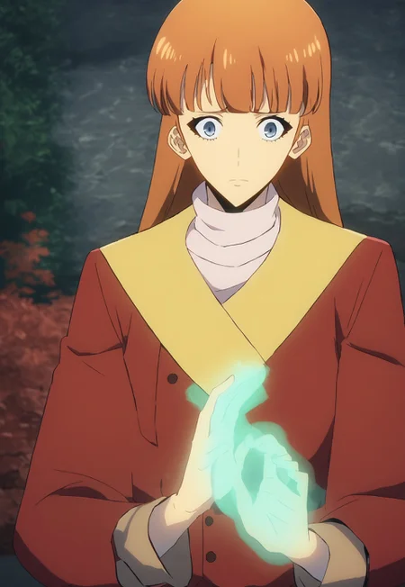 score_9, score_8_up, score_7_up, masterpiece, best quality, absurdres, vibrant, highly detailed, very aesthetic, anime screencap, anime coloring, casting healing magic, green magic, extending hand to viewer, 1girl, solo, LeeJooHeeSL, brown hair, long hair, blue eyes, blunt bangs, JooHeeCoat, light pink turtleneck, brown coat, red coat, yellow coat, buttons, worried look, looking at viewer