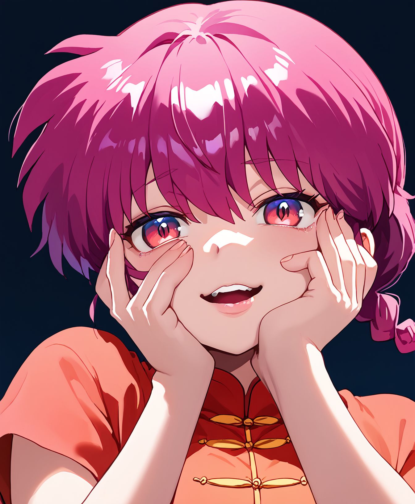 score_9,score_8_up,score_7_up,masterpiece, best quality, <lora:WHM 0.2v:0.5>, WHM, 2D,anime,  
 simple background, face focus, close-up 1girl,slit pupils, looking at viewer, Yandere trance, hands on own face, hands on own cheeks, looking at viewer, <lora:Yandere_Expression_v1.0:1>
shaped face,crazy eyes, half-closed eyes, torogao, 
pants, chinese clothes, tangzhuang,short sleeves, 
<lora:ranma-saotome-alpha-ponyxl-lora-nochekaiser:0.7>, ranma saotome, braid, red hair, single braid, braided ponytail, red eyes, big breasts,