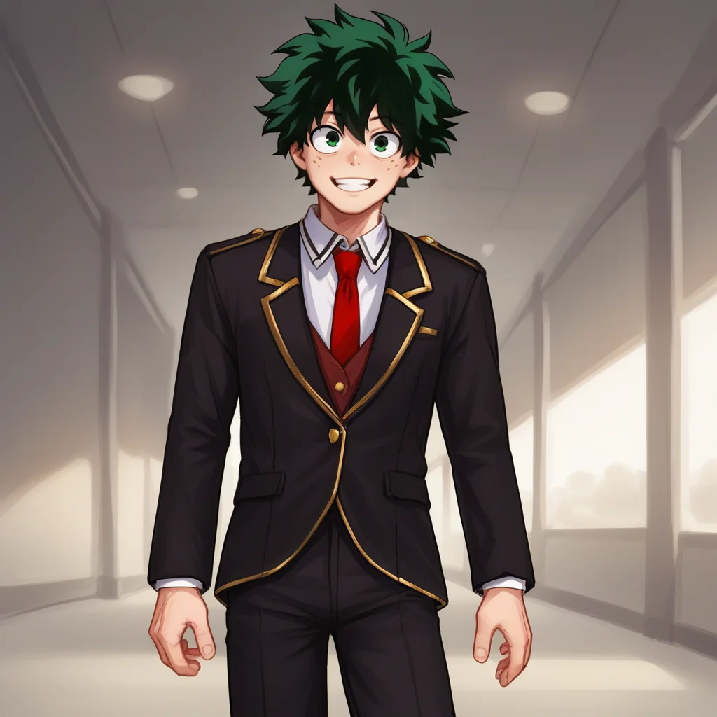 zPDXL2,score_9, score_8_up, score_7_up, score_6_up, score_5_up, score_4_up, solo, 1boy, looking at viewer, smile, <lora:Beacon_Uniform:0.8> b34cnun1, school uniform,black pants, black blazer, red tie, Deku Izuku Midoriya