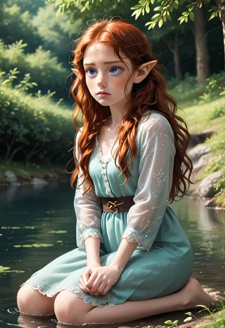 score_9, score_8_up, a red haired elf kneeling next to a spring of water in the woods, masterpiece, cinematic look, soothing tones, hyperdetailed, 20 years old, trees, outside, cupping water in hands, long hair, hair down to hips, loose long hair, thirsty, confused, red hair, ginger hair, bright blue eyes, full body, heart shaped face, auburn hair, dirty hair, tangled hair, small nose, full lips, elven ears, pointed ears, pale skin, freckled face, freckles, sleepy, noontime, tired