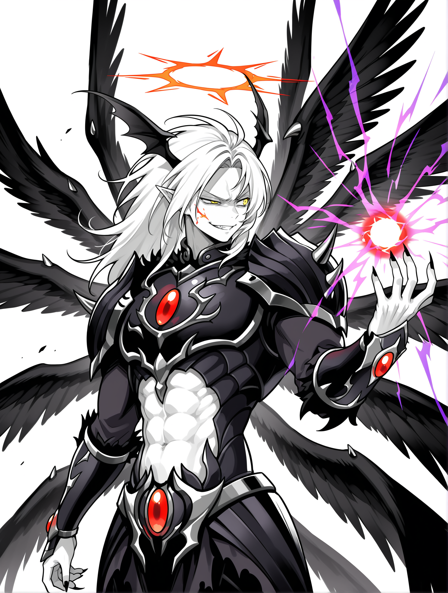 1boy, the first darklord, solo, male focus, clenched teeth, red halo, spot color, energy on hand, abs, sharp fingernails, white skin, navel, black head wings, spikes, parted lips, angel, glowing, black angel wings, black armor, looking to the side, black breastplate, black pauldrons, black vambraces, white background, simple background, multiple wings,black feather, half-closed eye, evil grin, 
masterpiece,best quality,amazing quality,very aesthetic,absurdres,newest,<lora:The first DarkLord illusXL v1:0.77>,<lora:wai-2Rectified-V140:0.7>,