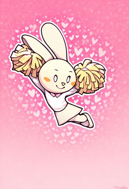 score_9, score_8_up, score_7_up , masterpiece, beautiful,,cute, standing, smile
,TherisNaBi, Bunny girl, furry, cute, chibi, round ears standing upright, animal nose, blush stickers,bowtie,00, jumping, mid air, hearts,pink pom pom (cheerleading), pink colored pom poms,
white long sleeves dress, dress,pink background, heart background, hearts