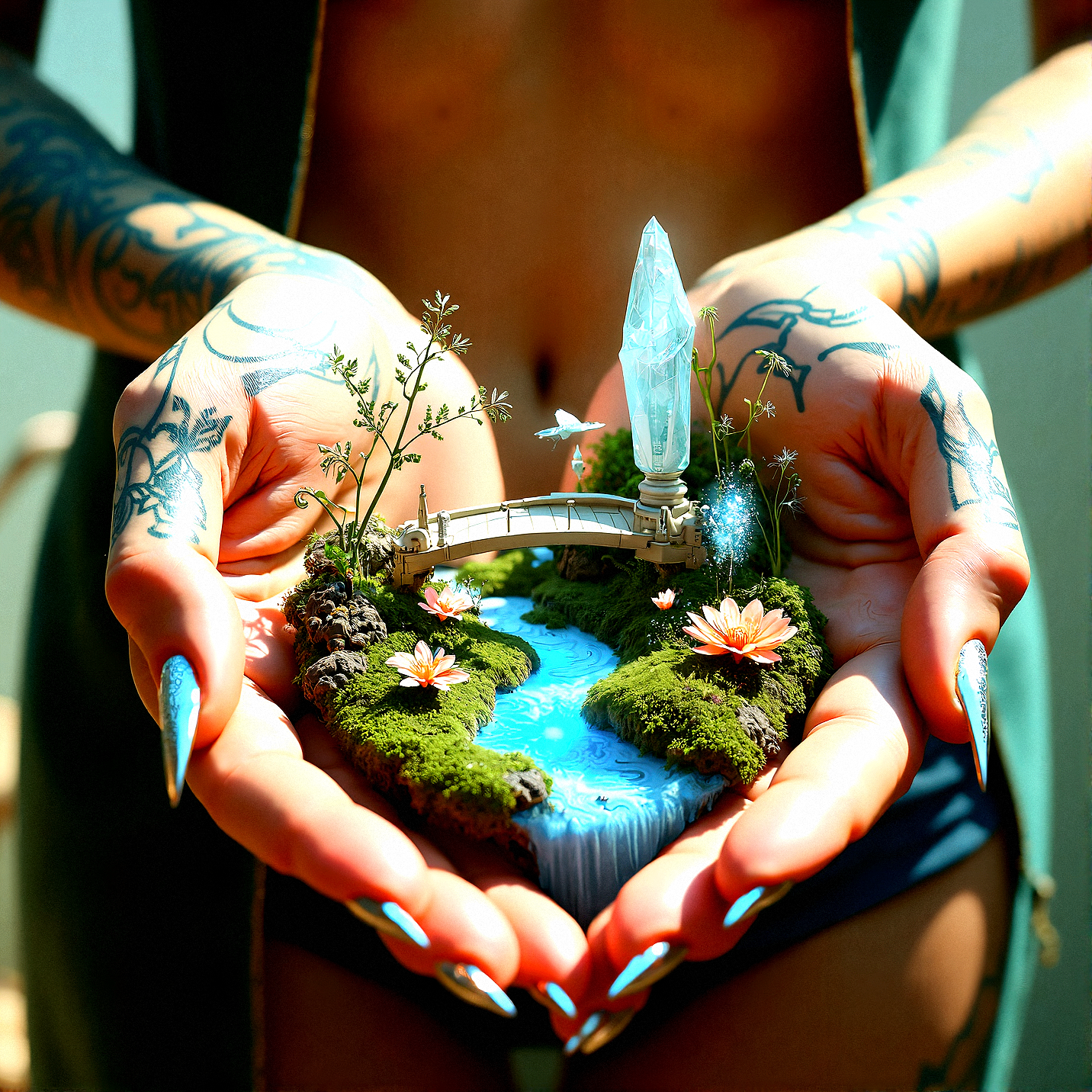 A meticulously detailed digital artwork featuring a small, futuristic garden cradled within the palms of two elegant, tattooed hands. The hands are feminine, with slender fingers and long, sharp nails that glisten with a metallic sheen. The tattoos on her skin are intricate, combining floral patterns with futuristic, circuit-like designs that wind around her fingers and wrists. The garden is connected by a delicate, arched bridge that glows softly, its surface smooth and reflective. The plants in the garden are a mix of natural and synthetic, with glowing flowers, metallic vines, and small, crystalline trees that sparkle with light. The background features the woman’s wide cleavage, softly blurred to draw attention to the hands and the garden, adding a subtle, sensual element to the scene. The lighting is warm and soft, creating a gentle contrast between the cool tones of the garden and the warmth of the skin, with intricate shadows and highlights adding depth and realism. The overall composition is dynamic and visually striking, blending elements of nature, technology, and human beauty into a cohesive and captivating piece.

