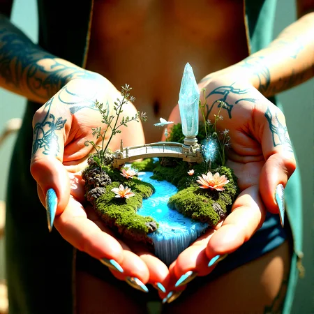 A meticulously detailed digital artwork featuring a small, futuristic garden cradled within the palms of two elegant, tattooed hands. The hands are feminine, with slender fingers and long, sharp nails that glisten with a metallic sheen. The tattoos on her skin are intricate, combining floral patterns with futuristic, circuit-like designs that wind around her fingers and wrists. The garden is connected by a delicate, arched bridge that glows softly, its surface smooth and reflective. The plants in the garden are a mix of natural and synthetic, with glowing flowers, metallic vines, and small, crystalline trees that sparkle with light. The background features the woman’s wide cleavage, softly blurred to draw attention to the hands and the garden, adding a subtle, sensual element to the scene. The lighting is warm and soft, creating a gentle contrast between the cool tones of the garden and the warmth of the skin, with intricate shadows and highlights adding depth and realism. The overall composition is dynamic and visually striking, blending elements of nature, technology, and human beauty into a cohesive and captivating piece.