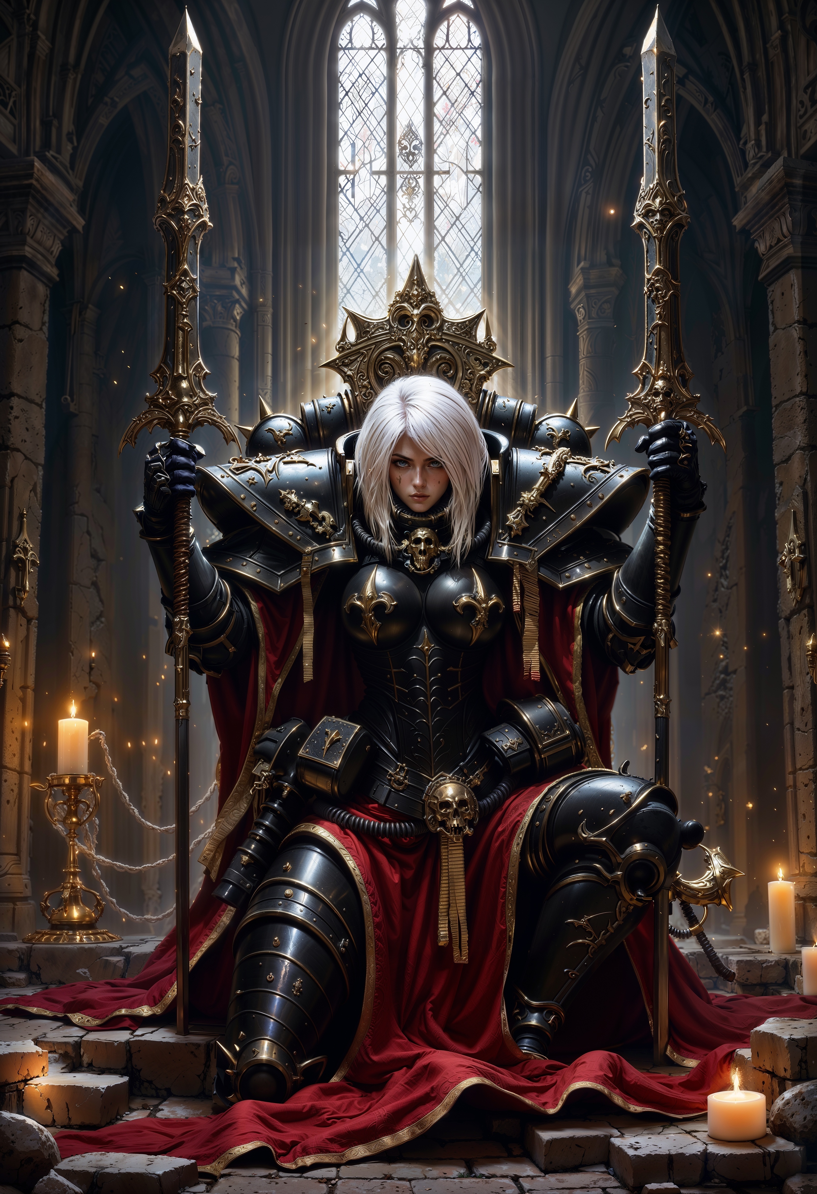 A highly detailed digital painting depicts SisB40K, a white-haired armored woman kneeling in a dimly lit, gothic cathedral. She wears ornate, black and gold plate armor with intricate designs, a red tunic, and a large, spiked crown. Behind her, a skull and crossbones emblem is illuminated by a halo of light. Two tall, ornate swords flank her on either side, and a burning candle stands on her left. The background features stone walls and a large stained-glass window. The atmosphere is mystical and intense, evoking a sense of divine power and protection.  <lora:FluxSisB40K:1> <lora:FluxMythP0rtr4itStyle:0.7>
