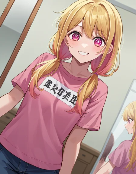 score_9, score_8_up, score_7_up, source_anime,
rubyhoshino, <lora:ruby-hoshino-ponyxl-lora-nochekaiser:1>,
ruby hoshino, long hair, bangs, blonde hair, pink eyes, sidelocks, symbol-shaped pupils, multicolored hair, two-tone hair, smile,
shirt, twintails, pants, low twintails, t-shirt, clothes writing, pink shirt,
indoors, studio, mirror, dancing,
looking at viewer, cowboy shot, dutch angle,