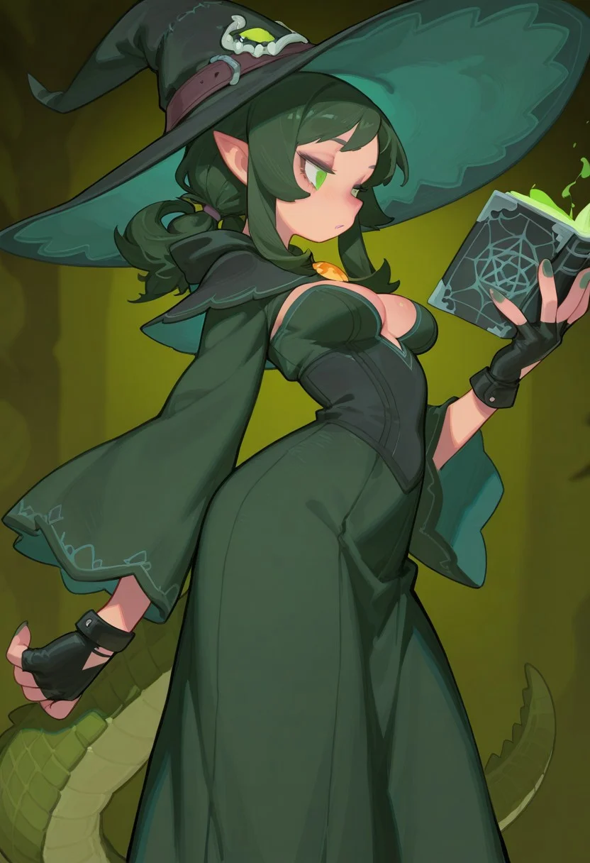 F3n6l1, masterpiece, very aesthetic, absurdres, (solo:1.5),
(crocodile girl:1.5), 1girl, expressive eyes, feminine eyes, beautiful detailed eyes:1, perfect face, green eyes, pointy ears, short height, (dark green hair:1.5), (thick locks and tied hair), (crocodile tail), (hair pins), medium breasts, (witch outfit:1.5), (witch hat:1.5), (fingerless gloves:1.5), dark green nails, holding black magic book,