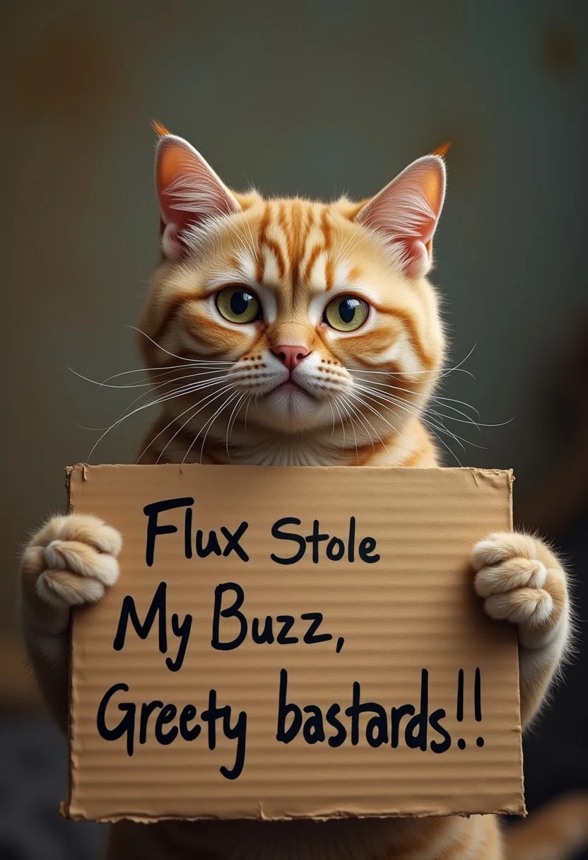 a sad cat holding a cardboard with his paws that reads "Flux Stole My Buzz! Greedy bastards!!!".