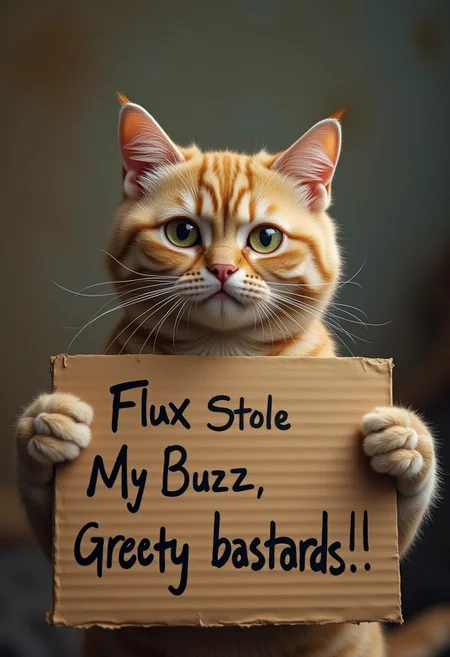 a sad cat holding a cardboard with his paws that reads "Flux Stole My Buzz! Greedy bastards!!!".