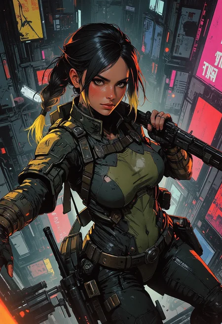 magnificent, closeup portrait, female bounty hunter, braided black hair, two tone hair, blonde highlights in hair, futuristic armor, sci-fi, sleek fingerless gloves, armored bodysuit, shoulder plates, hip plates, sexy, curvy, large breasts, large ass, rifle, aiming rifle, pointing rifle, Cyberpunk City, Neon Lights, foreshortening, neck tattoo, large breasts,
looking at viewer, solo, smirk, cocky smirk, godrays, raytracing, 
Cowboy Shot, close up, from above,