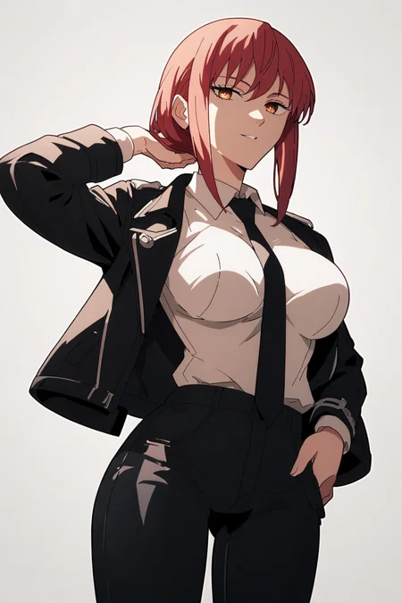 breast bags,<lora:breasts++-PD-breast_bags-1.0:1.4>,  <lora:mak1ma0XL_Pony_v1:1> 1girl, mak1ma0, red hair, long hair, ringed eyes,blackjacket,white collared shirt,black necktie,black pants, Score_9, Score_8_up, Score_7_up, Score_6_up, Score_5_up, Score_4_up, BREAK,1girl in full growth, best quality, masterpiece, ultra-detailed, high quality,good quality,1 girl,(master piece,high resolution, ultra detailed,8K,16K),look at viewer