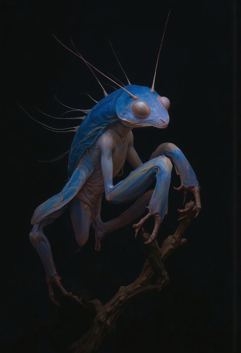 masterpiece, masterworks, best quality, amazing quality, very aesthetic, absurdres, boss scene, a praying mantis , white color praying mantis with blue scythes, blue flower,Huge  praying mantis