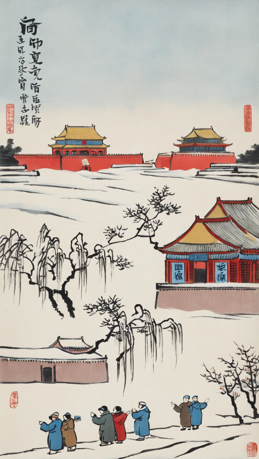 the forbidden city in snow, by Feng Zikai <lora:fengzikai_v1.0_XL:1>