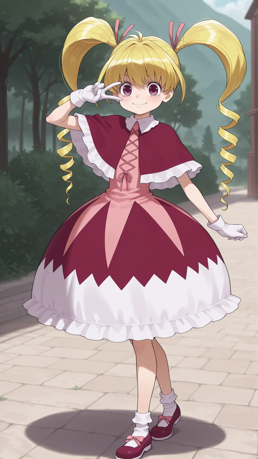 masterpiece, best quality, amazing quality, 1girl, solo,  <lora:IlluBiscuit:1> illubiscuit, blonde hair, long hair, twintails, drill hair, purple eyes, smile, white gloves, v over eye, hair ribbon, capelet, dress, outdoors, shoes, bobby socks,