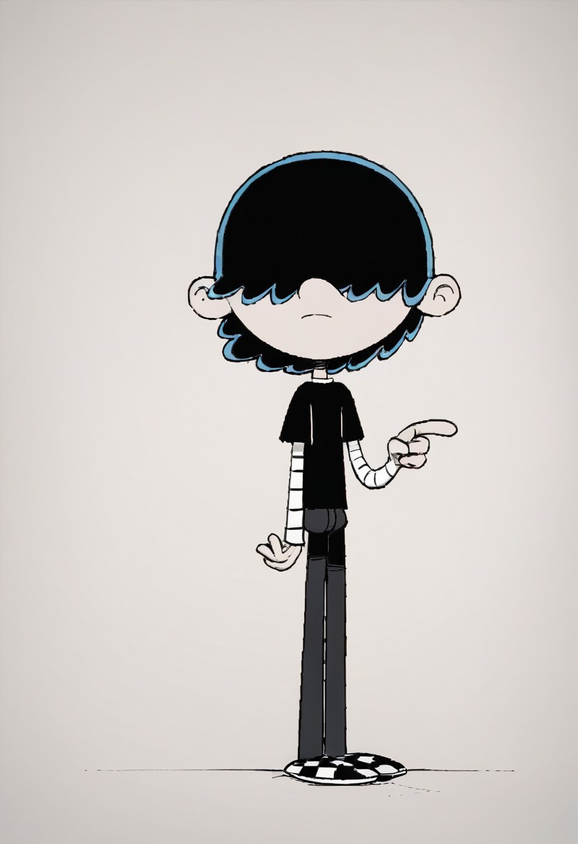 (score_9 | score_8_up | score_7_up) ((masterpiece:1))(best quality,very high quality,ultra detailed:1.2) (2D,cartoon style,anime style)(Smooth:2)(clean blurring) (four fingers on each hand,one thumb on each hand:1), Lars Loud, solo, 1boy, black hair, hair covers his eyes, pale grey skin, black shirt over a white turtleneck with black stripes, black pants, black And white checkered shoes