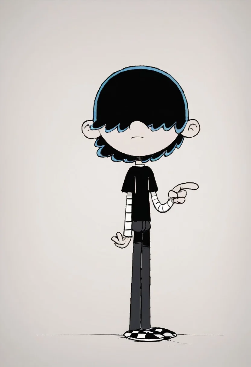 (score_9 | score_8_up | score_7_up) ((masterpiece:1))(best quality,very high quality,ultra detailed:1.2) (2D,cartoon style,anime style)(Smooth:2)(clean blurring) (four fingers on each hand,one thumb on each hand:1), Lars Loud, solo, 1boy, black hair, hair covers his eyes, pale grey skin, black shirt over a white turtleneck with black stripes, black pants, black And white checkered shoes