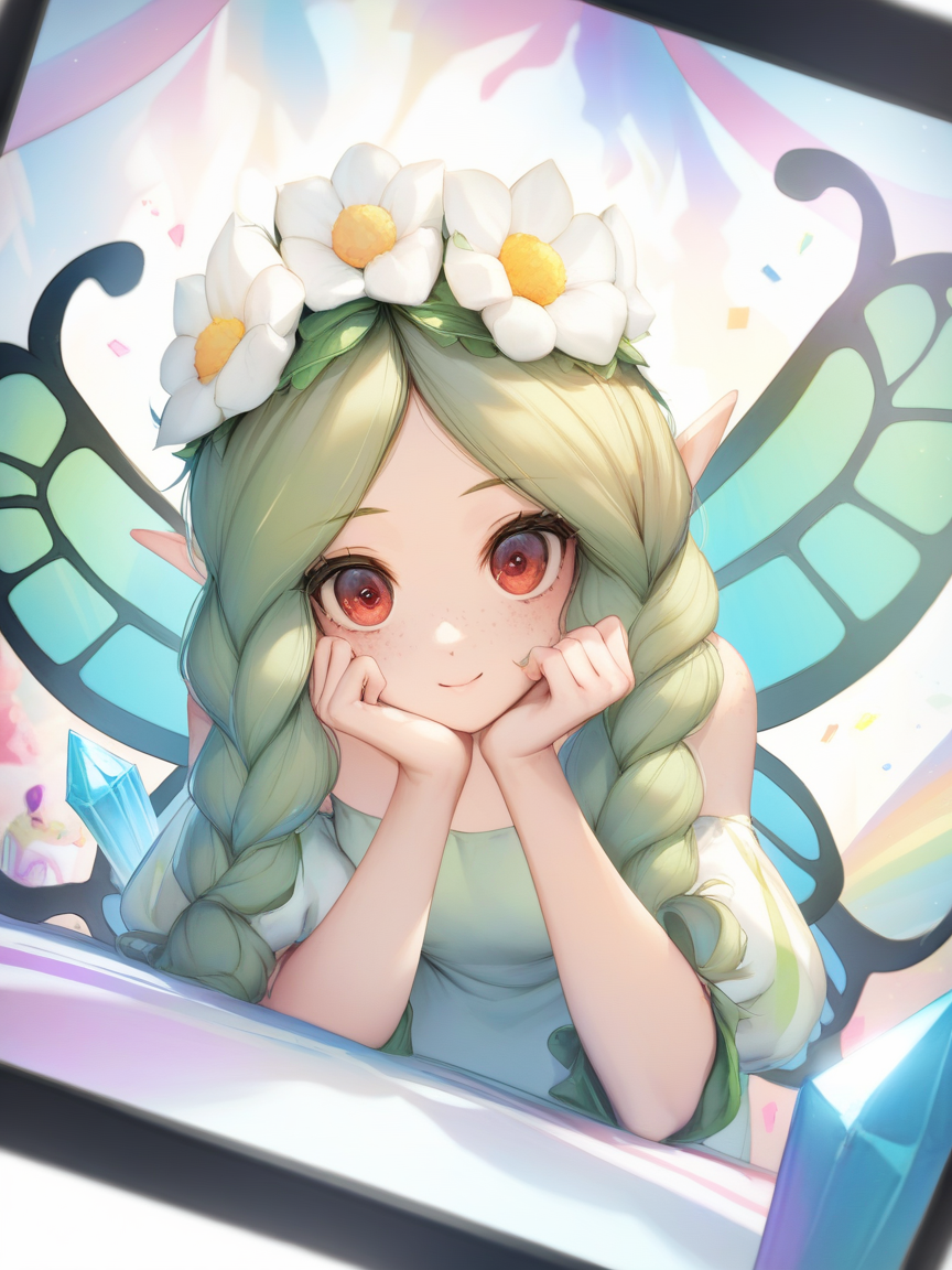 texture score_9, score_8_up, score_7_up, best quality, masterpiece, 4k, uncensored, perfect lighting, rating_explicit, very aesthetic, anime BREAK
1girl (mercedes), fairy wings,
 top down close-up hair, large eyes, crystal clear skin, clear clean hair, cute freckles, crystal eyes, cute, birthday party dress, TV, oven, Instagram, artstation, pinterest, deviantart, trending on artstation, digital art, photoshop <lora:mercedes-PD-1.0:1>