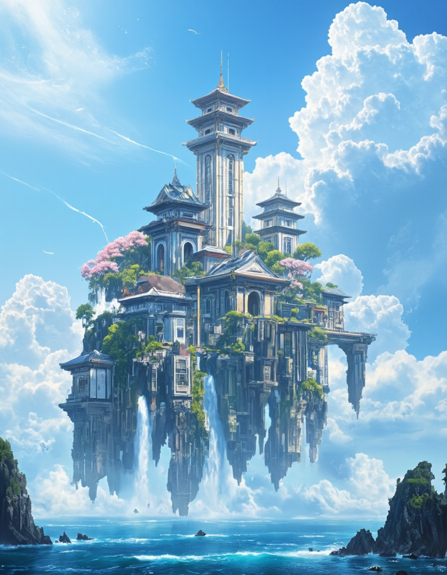<lora:SW_Minis_3v2flux:1> concrete asian temples among clouds on a beautiful asian island, with  a blue sky with a few clouds. There are cherry blossoms, a waterfall and waves on the sea. swminis3,