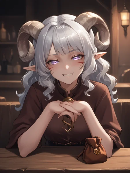 1girl, solo, source_furry, score_7_up, rating_safe, source_anime, anime face,
<lora:whisker_markings:0.8>red whisker_markings, silver long wavy hair, short pointy ears, purple eyes, <lora:age_slider_v4:0.6>
<lora:Test_Diana:0.8> tiefling_bard_diana,
<lora:Smooth Style 2 SDXL_LoRA_Pony Diffusion V6 XL:0.3> smile, open eyes, <lora:INKxXmo shaded face:0.6> Shaded FaceINKxXmo Dark Theme,
close up, tavern,
<lora:coin_pouch:1> pouch on belt ,
small pouch on table