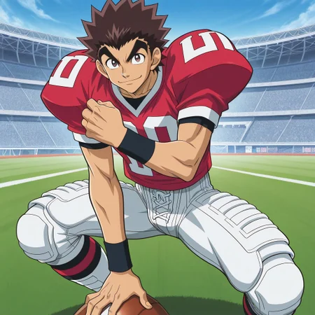 official art, male, High Quality, perfect anatomy, HD, anime style, break
TAROU RAIMON, 1boy, alone, brown hair, big human ears, thick eyebrows, dark brown eyes, athletic build, smiling, posing, looking at viewer, football uniform, tight uniform, red and white uniform, football field, squating,