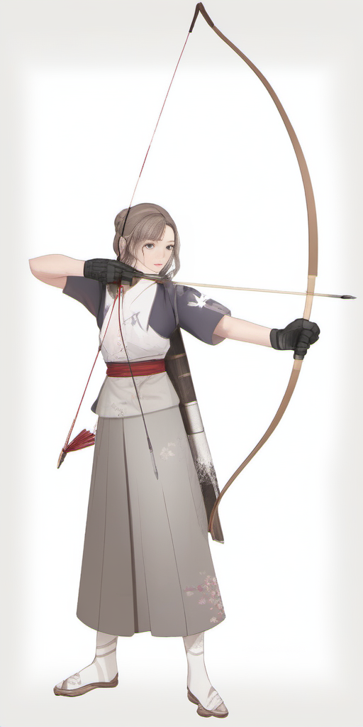 Bow, Japanese, kyudo, yumi, portrait photo of 1person,  skirt, brown hair, gloves, holding, standing, full body, ponytail, weapon, single glove, bow \(weapon\), partially fingerless gloves, arrow \(projectile\), holding bow \(weapon\), aiming, drawing bow, archery, in the style of  <lora:bow01_xl:1>