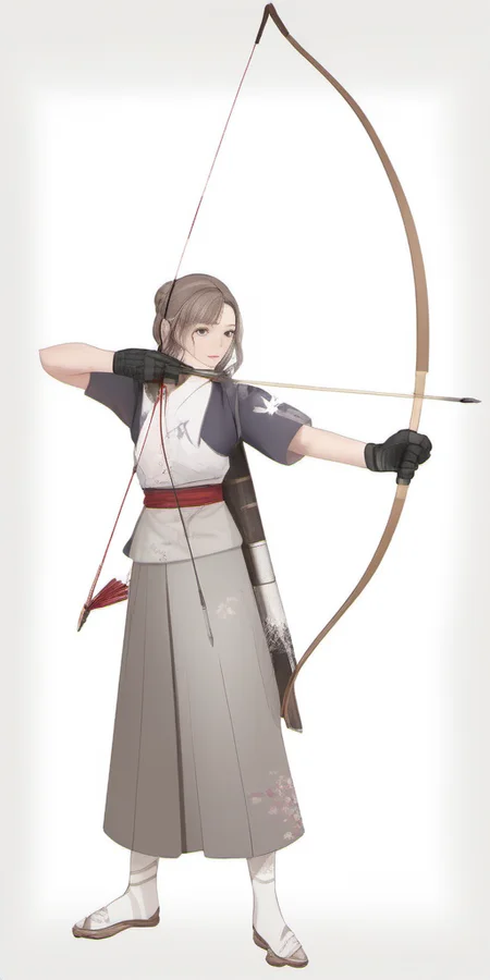 Bow, Japanese, kyudo, yumi, portrait photo of 1person, skirt, brown hair, gloves, holding, standing, full body, ponytail, weapon, single glove, bow \(weapon\), partially fingerless gloves, arrow \(projectile\), holding bow \(weapon\), aiming, drawing bow, archery, in the style of <lora:bow01_xl:1>