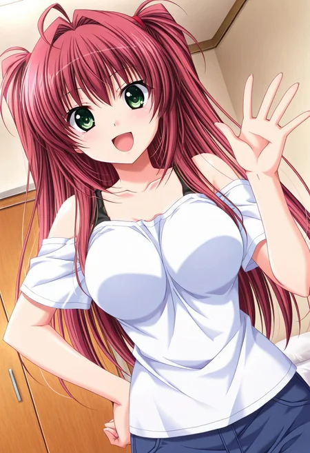 general,highres, ultra-detailed,very aesthetic,best quality ,best hands,best eyes,easynegative,
dynamic anglre, dutch angle, anime cloring,anime screencap,
1girl solo,looking at viewer,bedroom,smile,open mouth,hand on hip,waving hand, 
Anzu SHIRAKAWA,red hair, long_hair, twintails, ahoge, large_breasts, green_eyes,,bare shoulders shirt, pants,