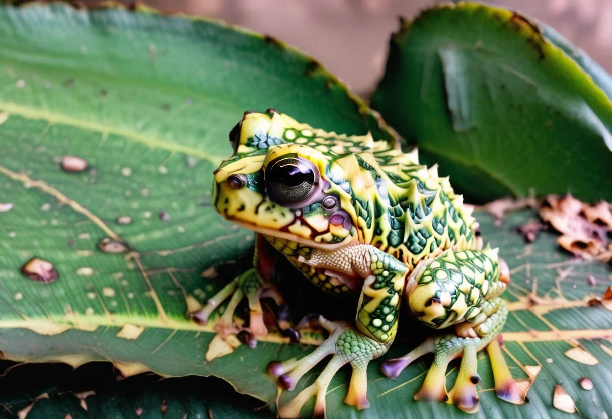 A lone frog sits perched upon a leaf in the rain, forest background, lots of green..