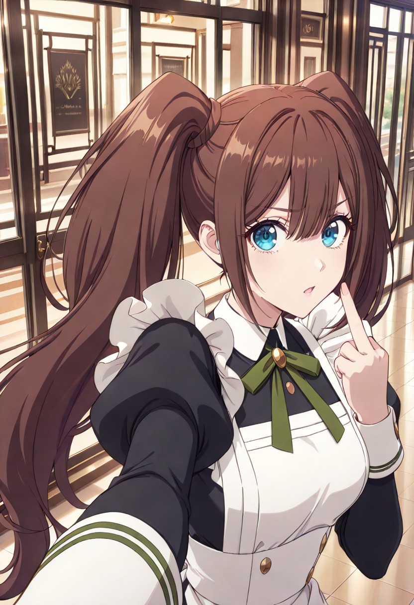 score_9, score_8_up, score_7_up, dynamic view,  solo, looking_at_viewer, 1girl, 
masterpiece, best quality, bokeh, luminescent background,
( maid lena,, brown hair, bangs, hair between eyes, twintails, blue eyes, maid headdress,  medium breasts, , black dress, maid dress, maid apron, white apron,  long sleeves, puffy sleeves, juliet sleeves,  ribbon, socks, white socks, frilled socks, black footwear, 
 , )
outdoors, storefront, selfie, outstretched arm, taking picture, reaching towards viewer, upper body, looking at viewer, middle finger,