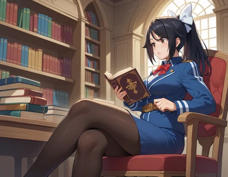 score_9, score_8_up, score_7_up
BREAK
chloe_olis, 1girl, solo, black hair, high ponytail, white bow, brown eyes, eyes visible through hair, military uniform, blue jacket, white shirt, red bowtie, brown belt, blue skirt, black pantyhose, sitting, crossed legs, holding book, looking down, from side
BREAK
scenery, desk, wooden chair, fantasy, library, bookshelf, book, book stack, open book
<lora:chloe_NagekiNoBoureiWaIntaiShitai_ponyxl_v1_char:1> <lora:chloe_NagekiNoBoureiWaIntaiShitai_ponyxl_v1_style:0>