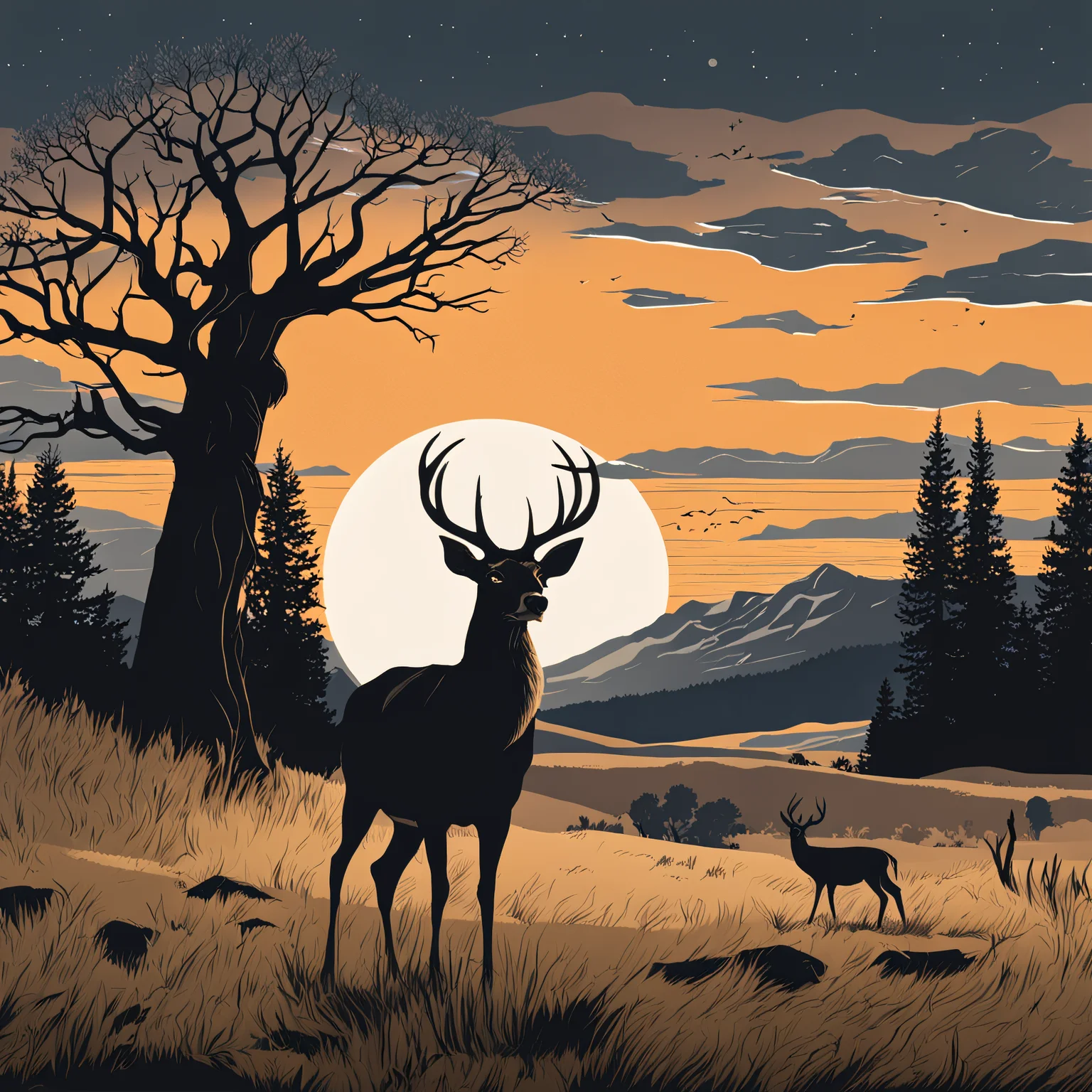 Deer grazing, A fierce storm with hailstones pounding the ground, with a sunrise in the background, silhouetted figure in the foreground, detailed, realistic, 8k uhd, high quality